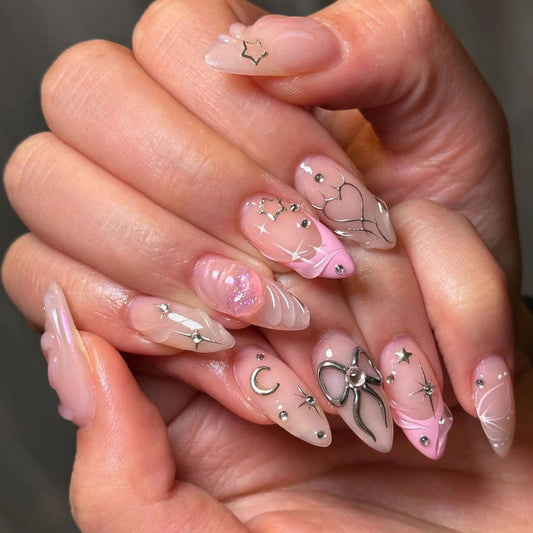 3D Bow Love Nail Art Fake Nails Pink Valentine's Day French Wearing Nail Film Short Almond Wearing Nail£ü365nails