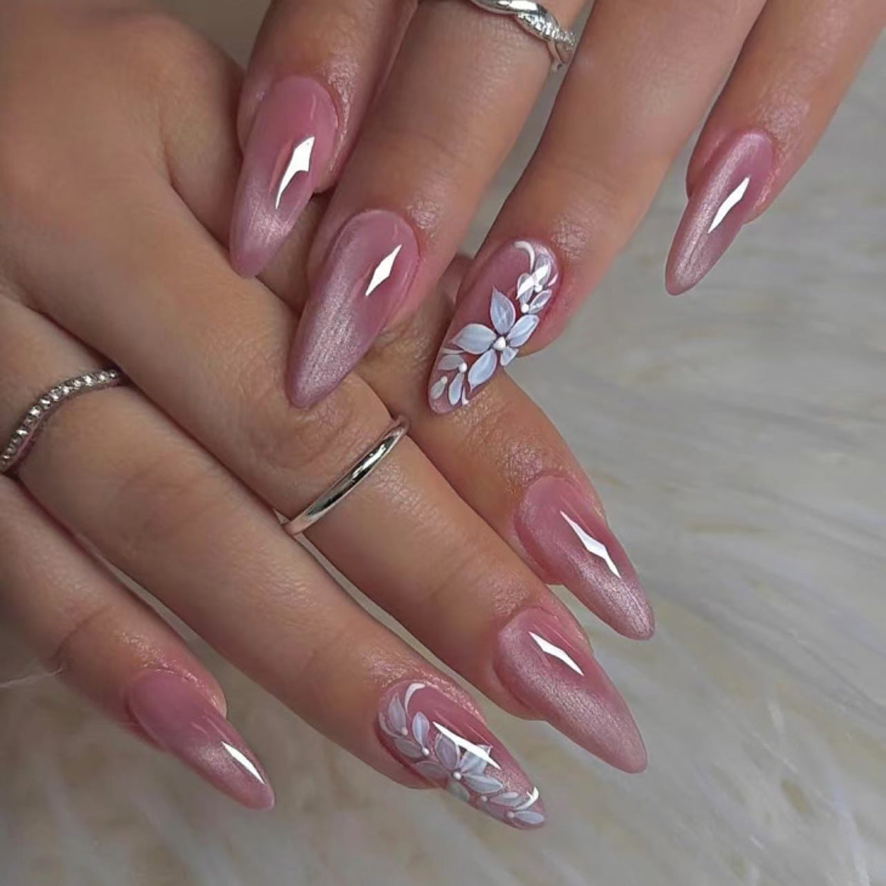 Fresh leaves flowers cat eyes sparkling almonds press-on nails
