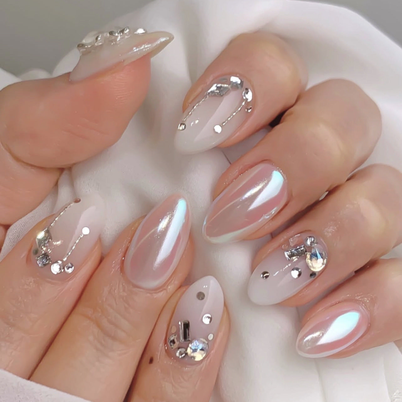 Iridescent Pearl Chrome Crystal Almond Nails